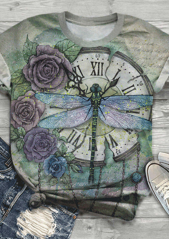 

Floral Dragonfly Clock T-Shirt Tee, Multicolor, 475879