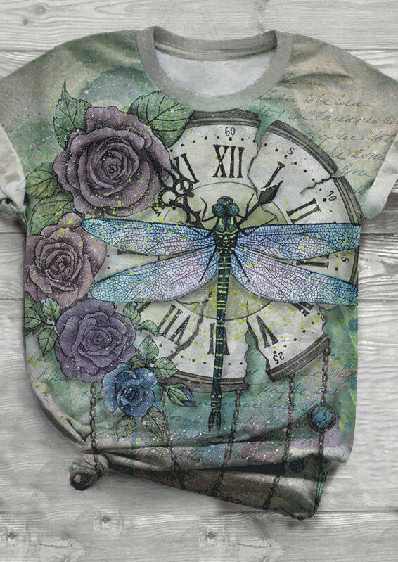 

Tees T-shirts Floral Dragonfly Clock T-Shirt Tee in Multicolor. Size