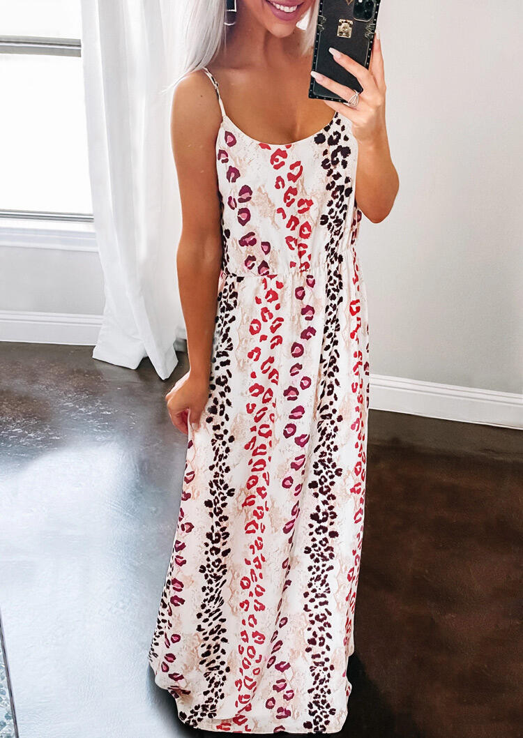 Maxi Dresses Lips Leopard Striped Splicing Spaghetti Strap Maxi Dress in White. Size: S,M,L,XL