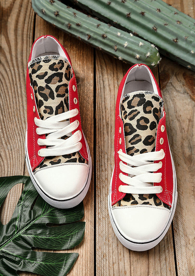 

Sneakers Leopard Lace Up Flat Sneakers in Red. Size