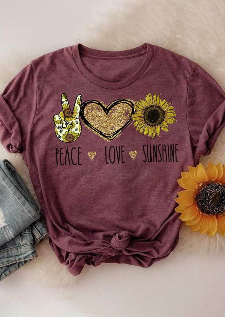 

Tees T-shirts Peace Love Sunshine Sunflower T-Shirt Tee in Burgundy. Size: ,XL