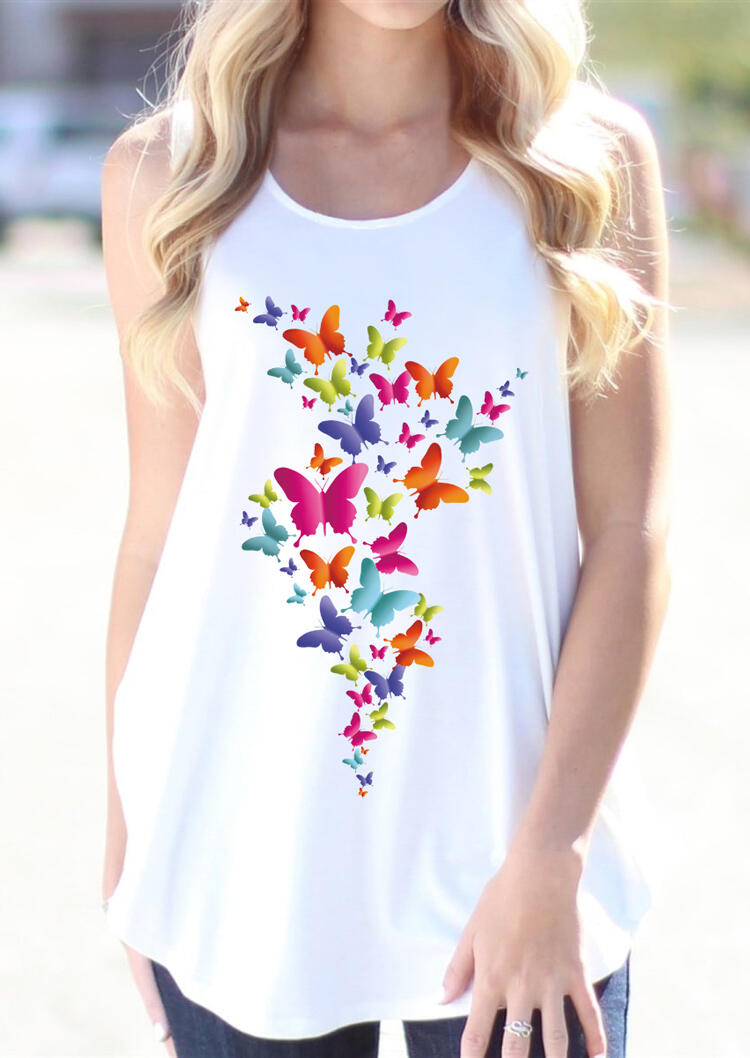 

Tank Tops Butterfly O-Neck Tank in White. Size