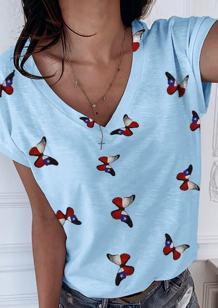 

Butterfly American Flag Star T-Shirt Tee without Necklace - Blue, 475703