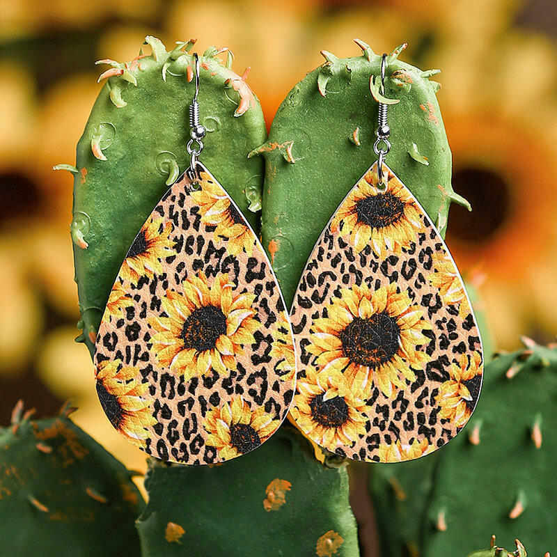 

Sunflower Leopard Splicing Water Drop Leather Earrings, 475751