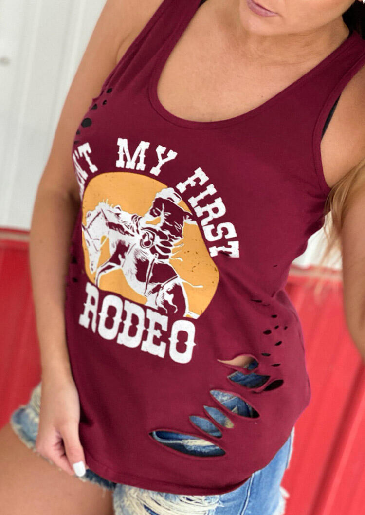 

Tank Tops Ain't My First Rodeo Hollow Out Tank Top in Burgundy. Size
