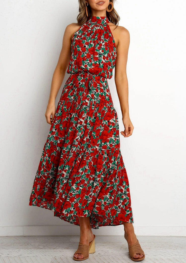 

Floral Halter Sleeveless Maxi Dress - Red, 475779