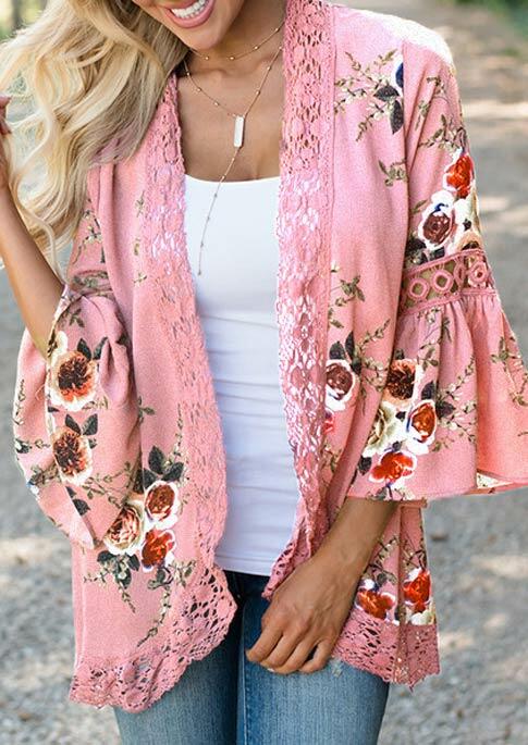 

Lace Floral Splicing Hollow Out Cardigan without Necklace - Pink, 475802