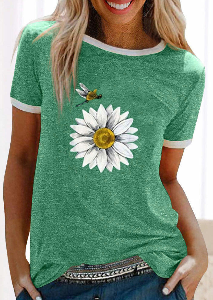 

Sunflower And Dragonfly T-Shirt Tee - Green, 475958