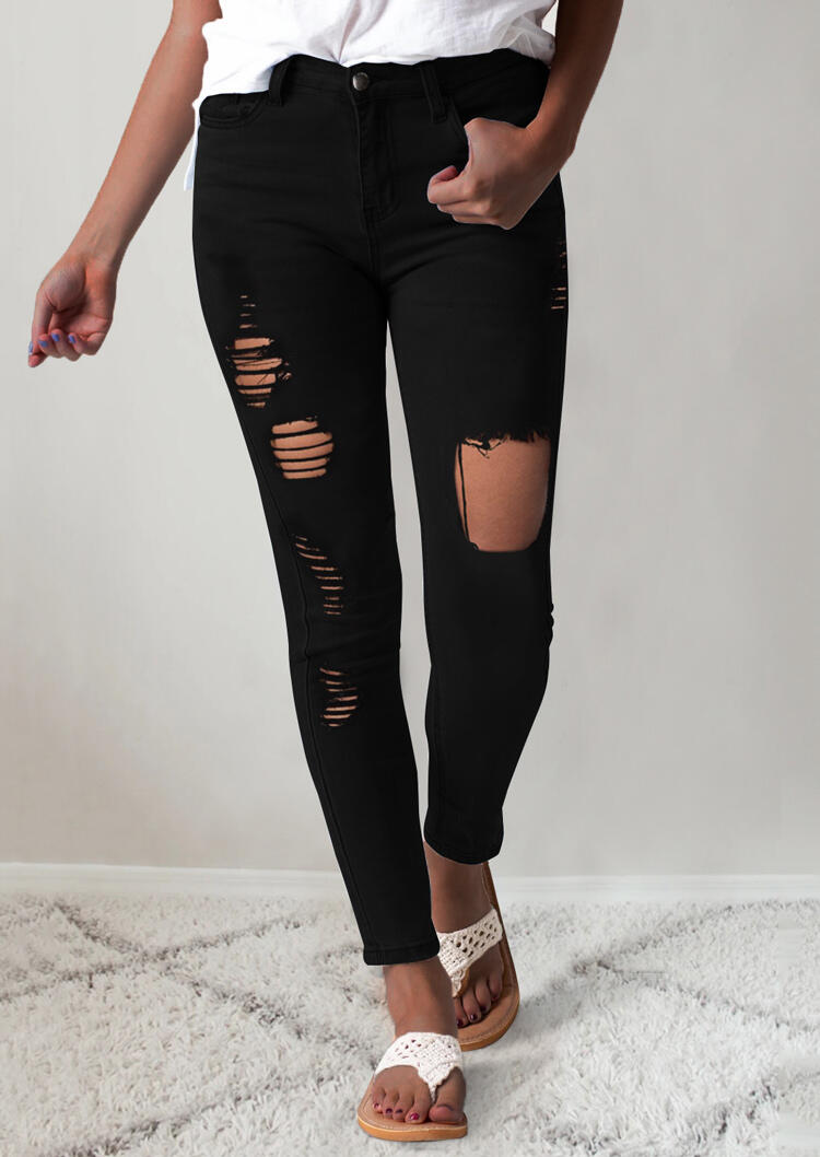 

Ripped Pocket Button High Waist Skinny Jeans - Black, 474564