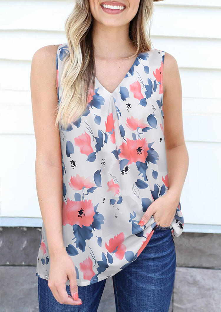 

Tank Tops Floral Leaf Ruffled V-Neck Tank in White. Size