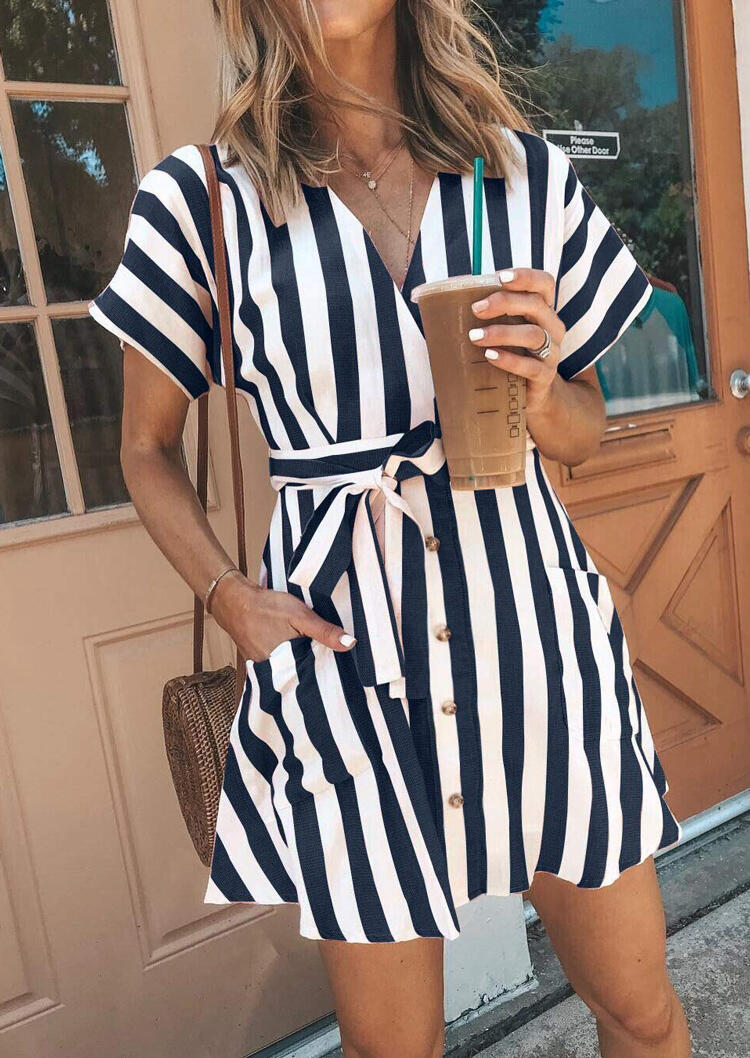 

Striped Button Pocket Mini Dress without Necklace, Stripe, 475882