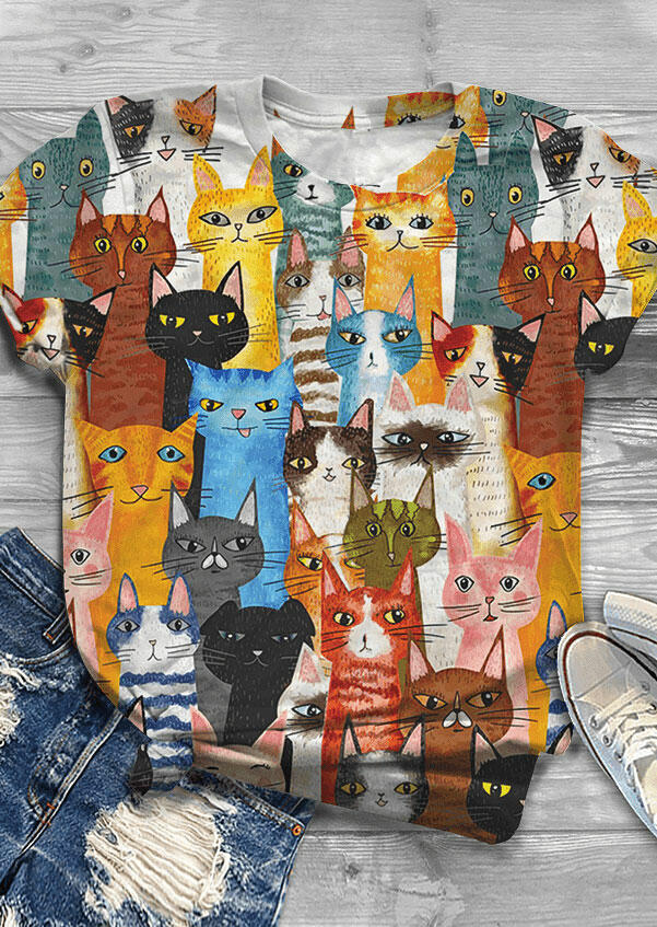 

Tees T-shirts Cat Casual O-Neck T-Shirt Tee in Multicolor. Size