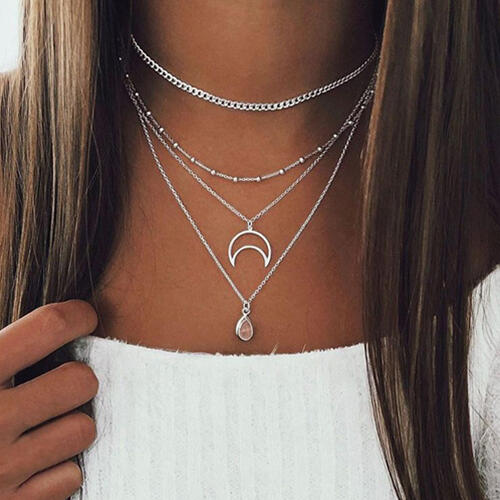 

Moon Crescent Water Drop Pendant Multi-Layered Necklace, Gold;silver, 476019