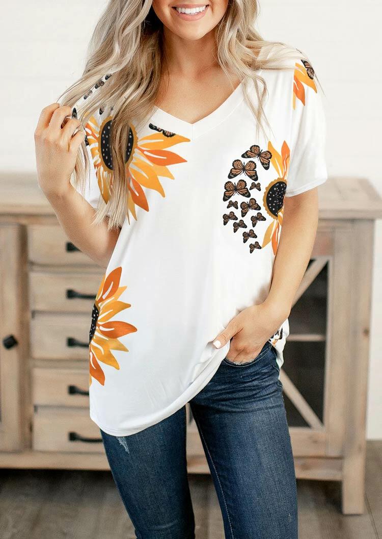 

Tees T-shirts Sunflower Butterfly V-Neck T-Shirt Tee in White. Size