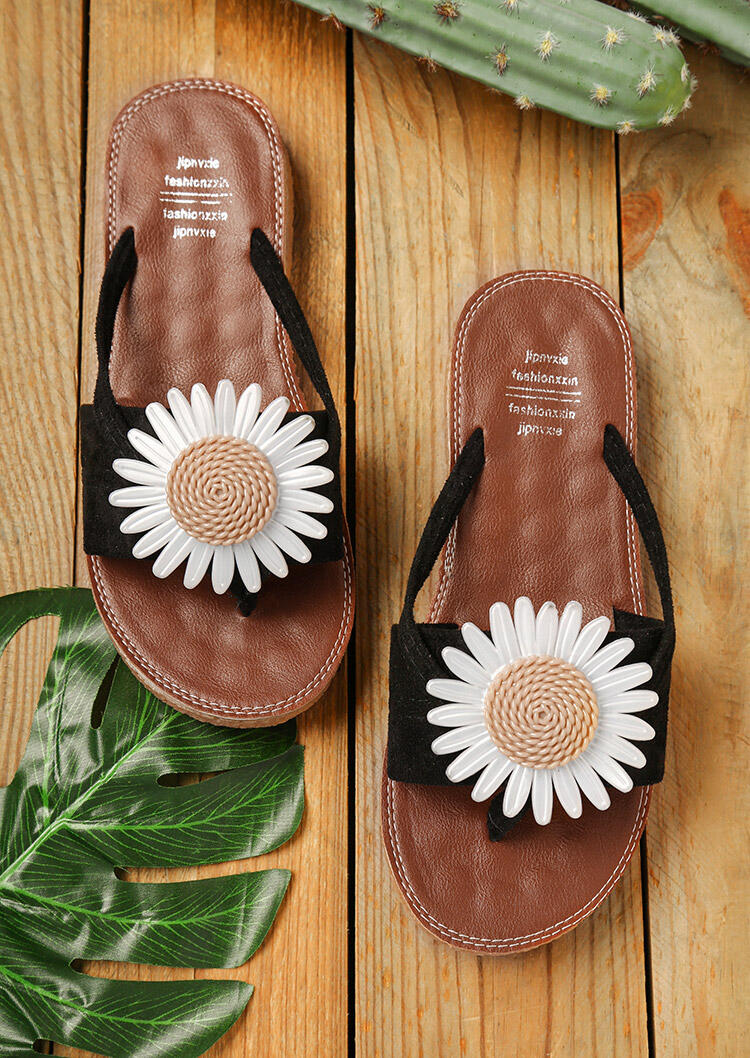 

Slippers Summer Daisy Round Toe Flip Flop Slippers in Black. Size