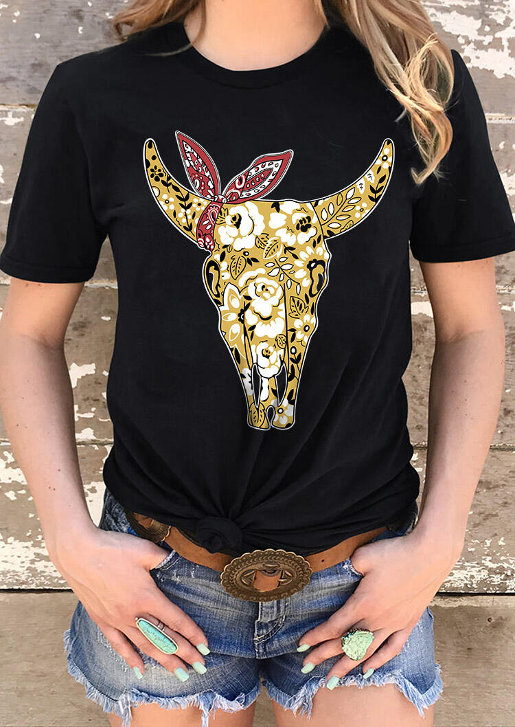 

Paisley Floral Steer Skull T-Shirt Tee - Black, 476077