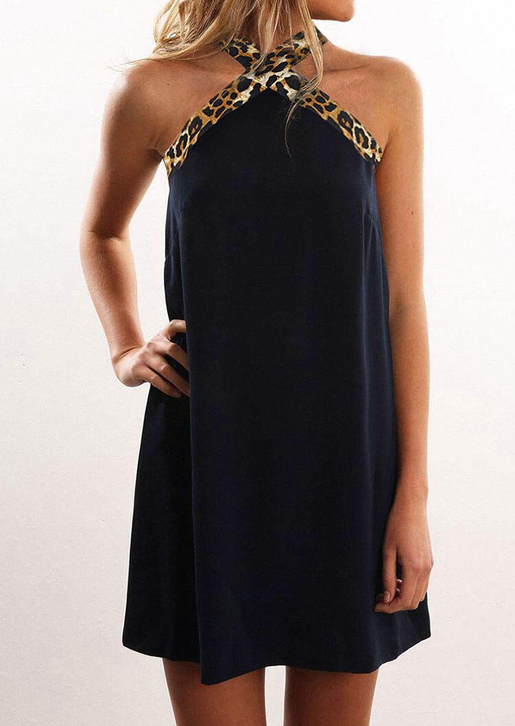 

Leopard Splicing Criss-Cross Halter Mini Dress - Deep Blue, 476120