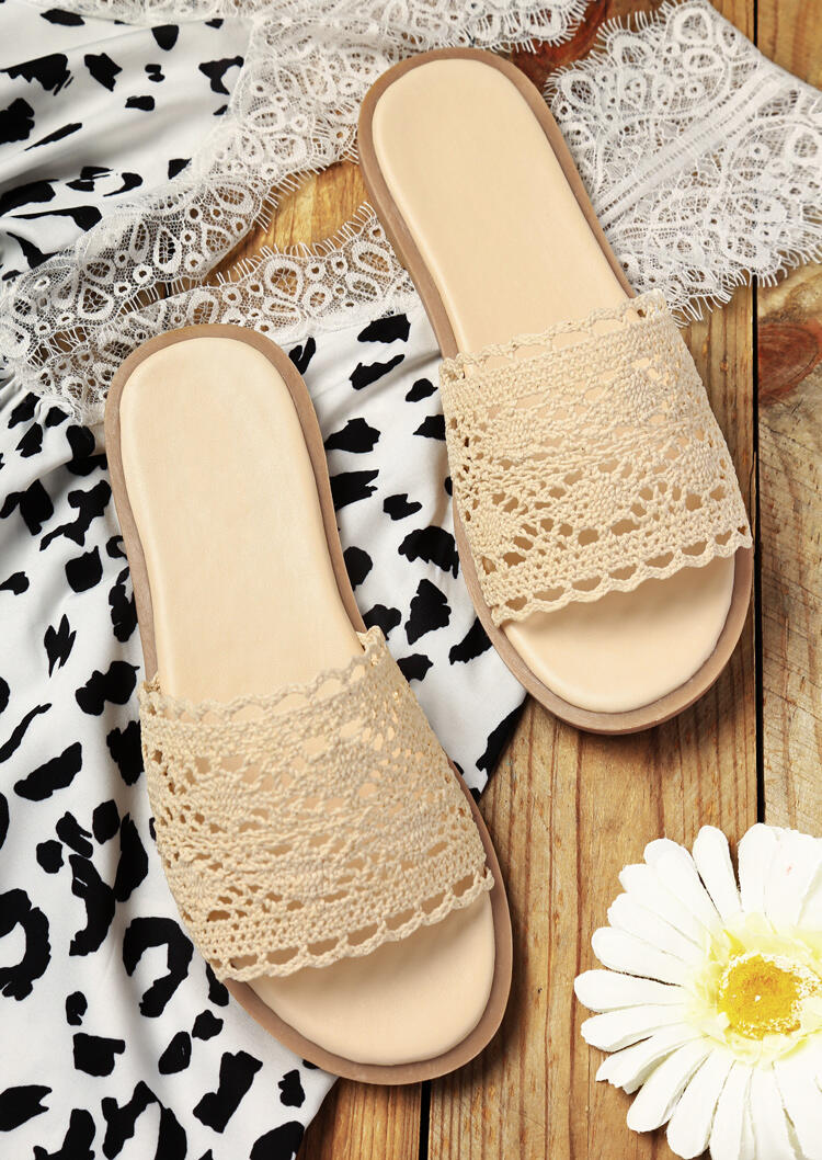 

Lace Hollow Out Round Toe Flat Slippers - Light Khaki, 476067