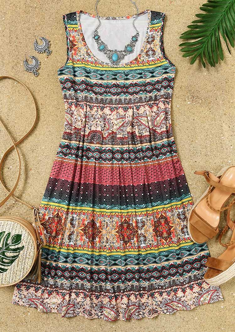 

Floral Mandala Sleeveless Mini Dress without Necklace, Multicolor, 476151