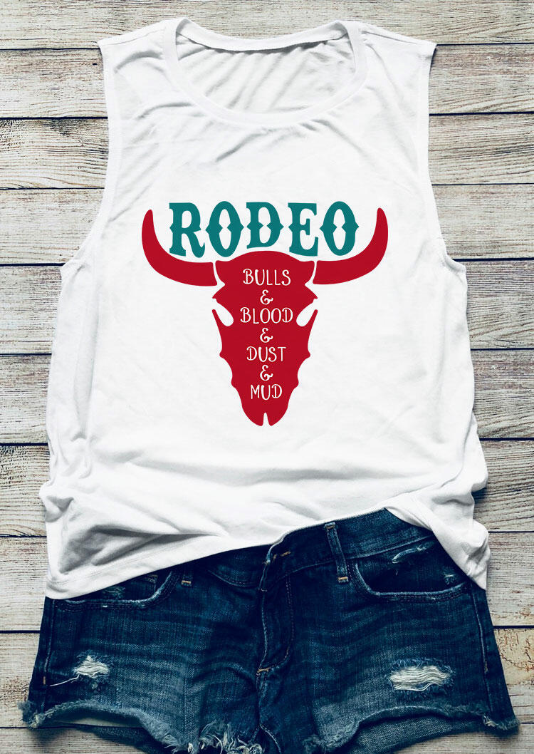 

Tank Tops Steer Skull Rodeo Bulls & Blood & Bust & Mud Tank in White. Size