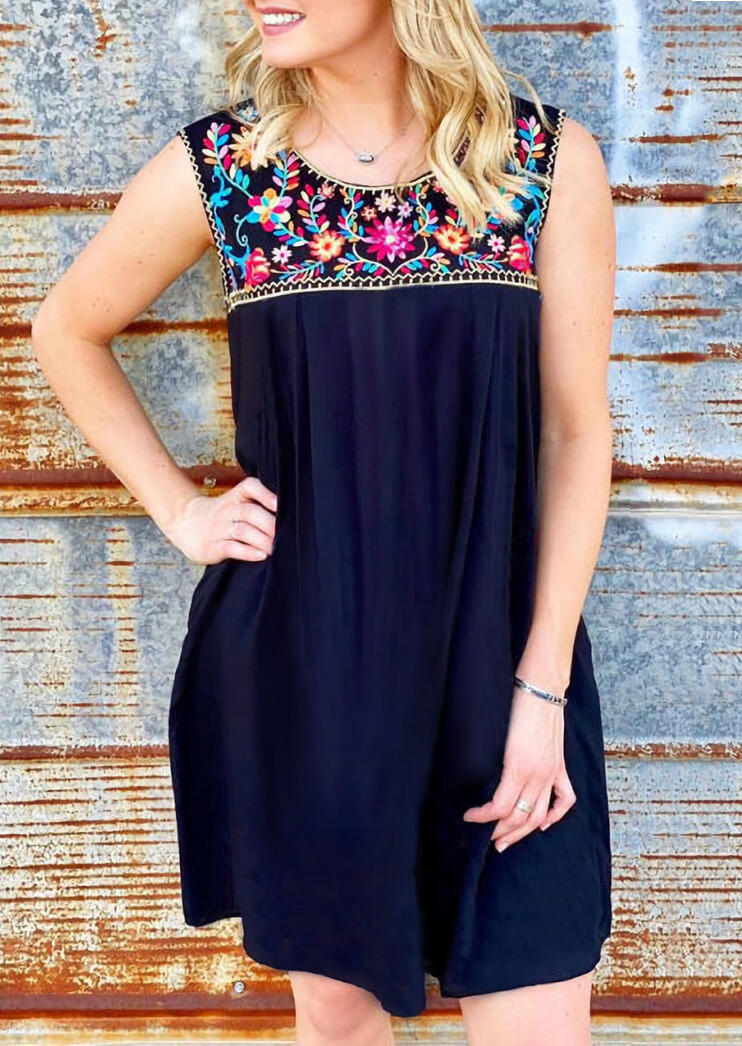 

Mini Dresses Floral Sleeveless Mini Dress without Necklace in Navy Blue. Size