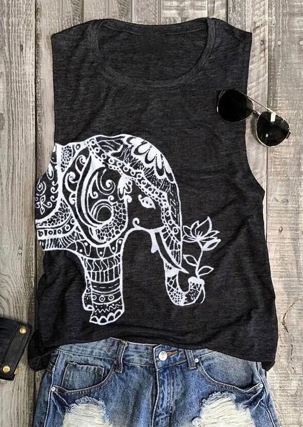 Tank Tops Floral Elephant Casual Tank Top - Dark Grey in Gray. Size: M,S