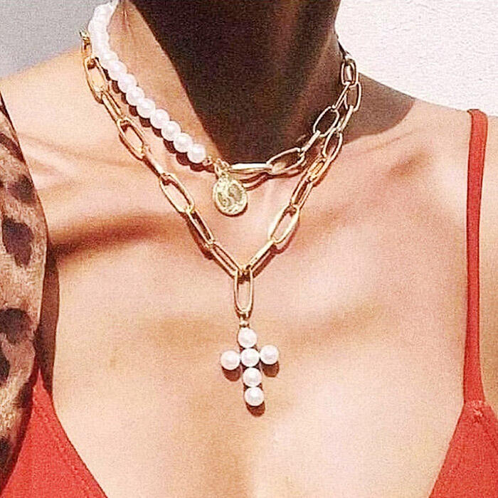 

Necklaces Beads Cross Pendant Dual-Layered Necklace in Gold. Size