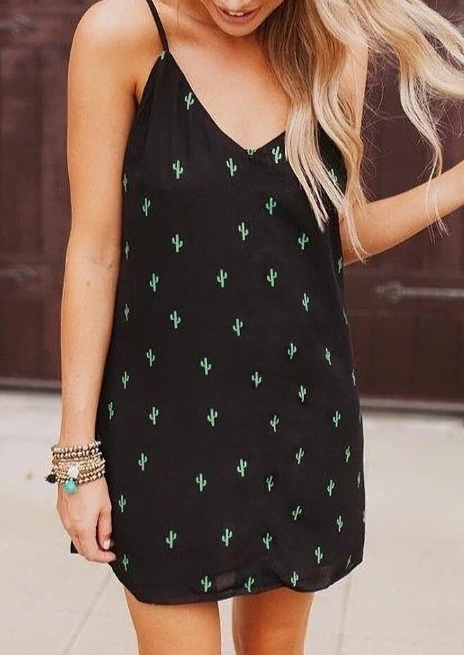 

Cactus Tie Spaghetti Strap Mini Dress - Black, 476298