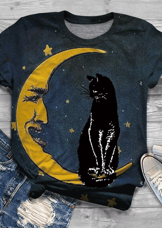 

Tees T-shirts Moon Star And Cat T-Shirt Tee in Navy Blue. Size