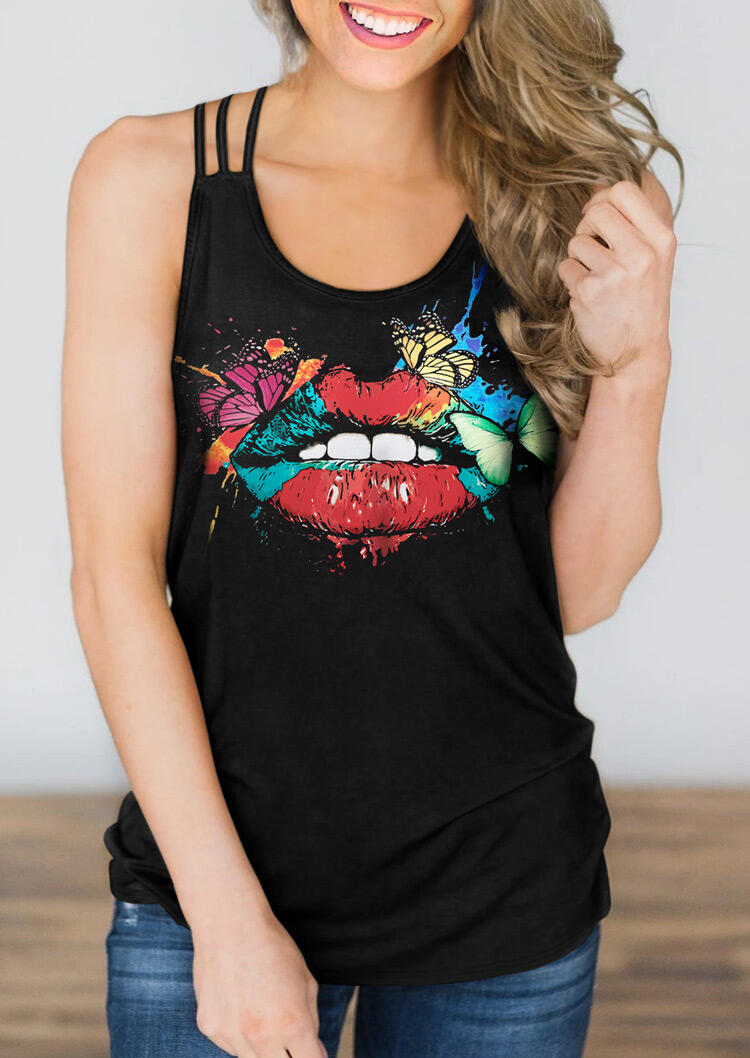 

Tank Tops Butterfly Lips Criss-Cross Open Back Camisole in Black. Size