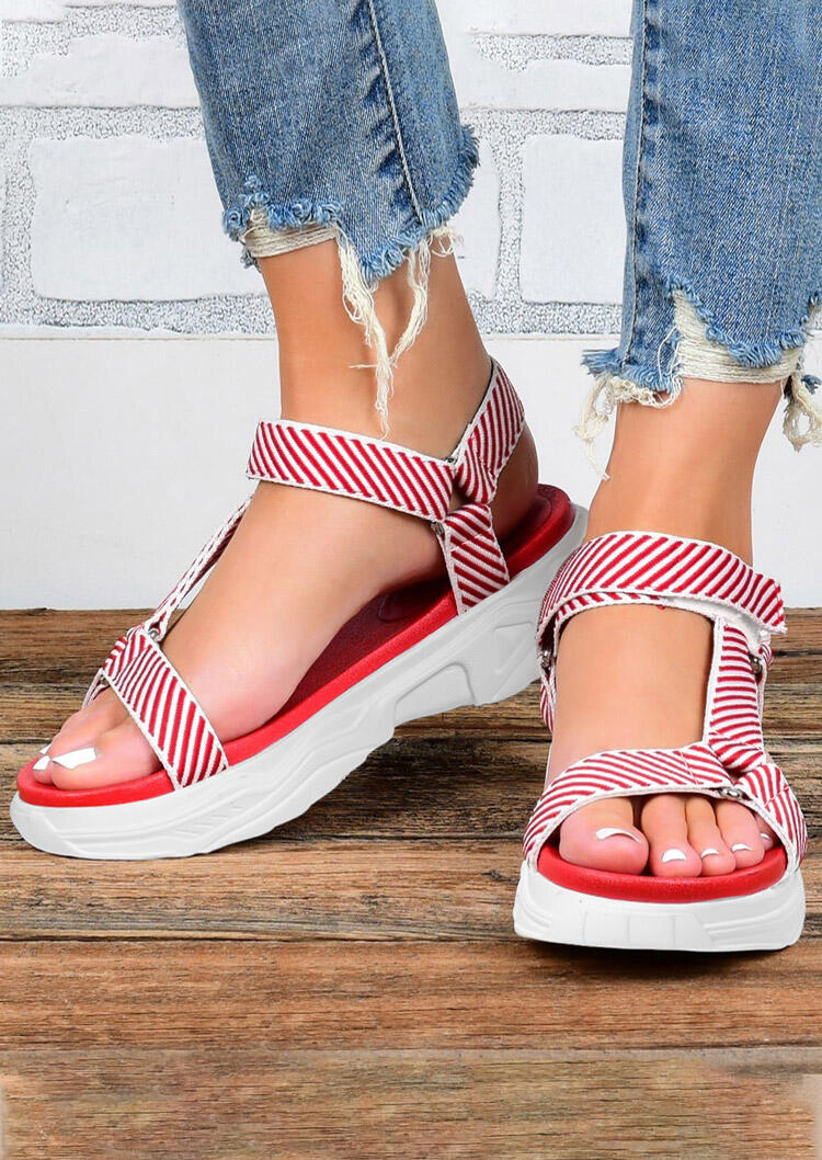 

Sandals Striped Hollow Out Round Toe Wedged Sandals in Red. Size