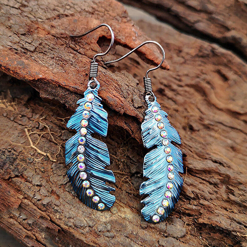 

Bohemian Rinestone Feather Pendant Earrings, Blue, 476365