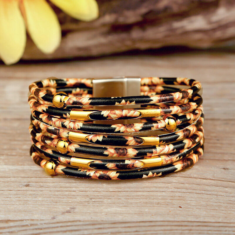 

Bracelet Sunflower Multi-Layered Leather Wrap Bracelet in Yellow. Size