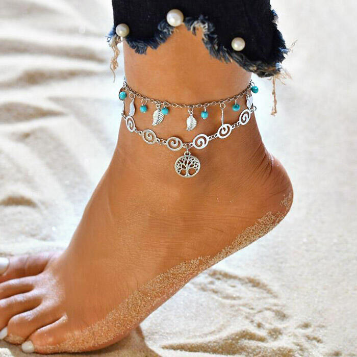 

Hollow Out Tree Leaf Bead Pendant Dual-Layered Anklet, Silver, 476388