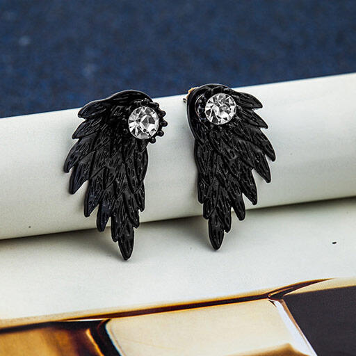 Shiny Rhinestone Angel Wing Stud Earrings, Black, 476417
