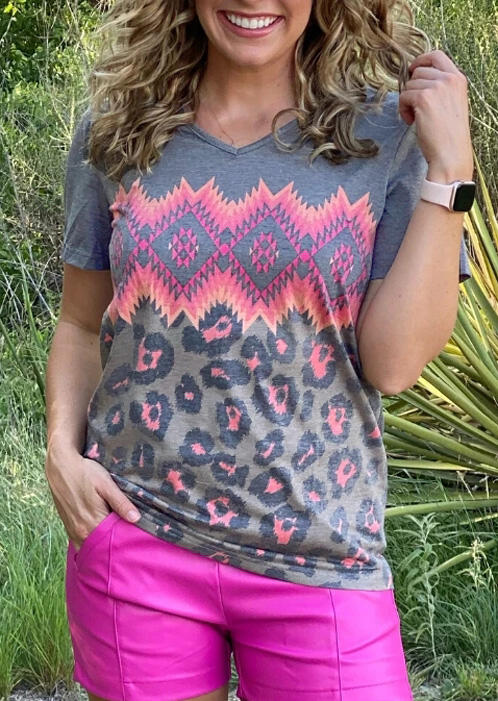 

Leopard Aztec Geometric Splicing T-Shirt Tee without Necklace - Gray, 476427