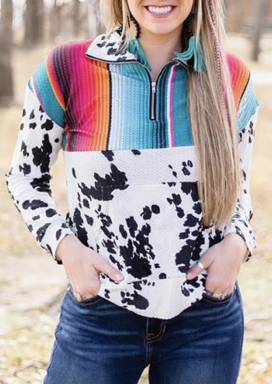 

Sweatshirts Colorful Serape Striped Cow Splicing Zipper Collar Sweatshirt in Multicolor. Size