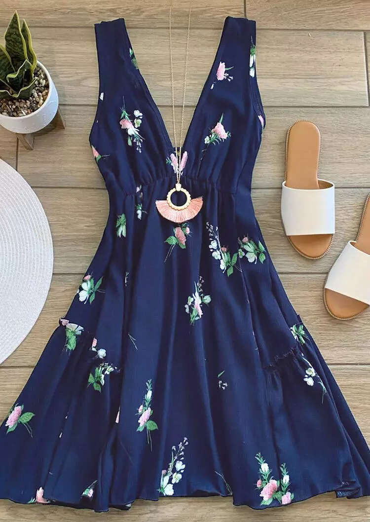 Floral Ruffled Open Back Mini Dress Without Necklace Navy Blue