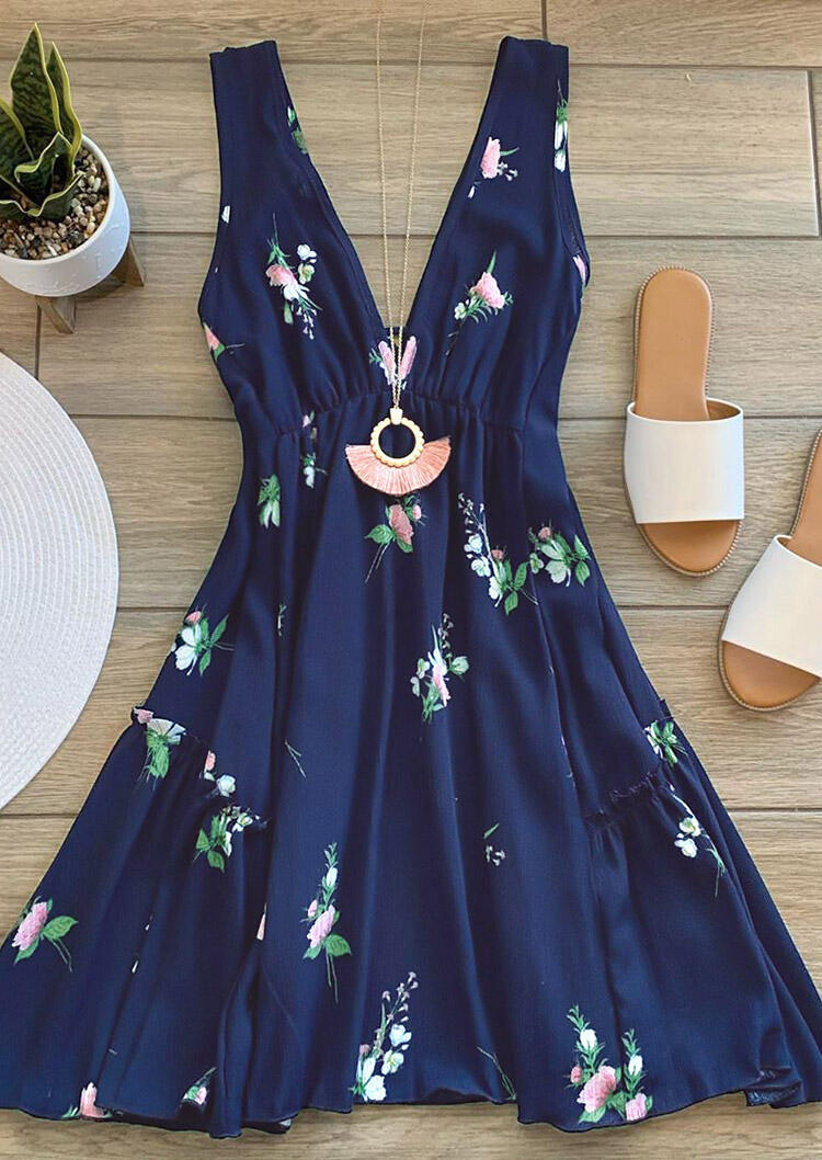 Floral Ruffled Open Back Mini Dress without Necklace - Navy Blue