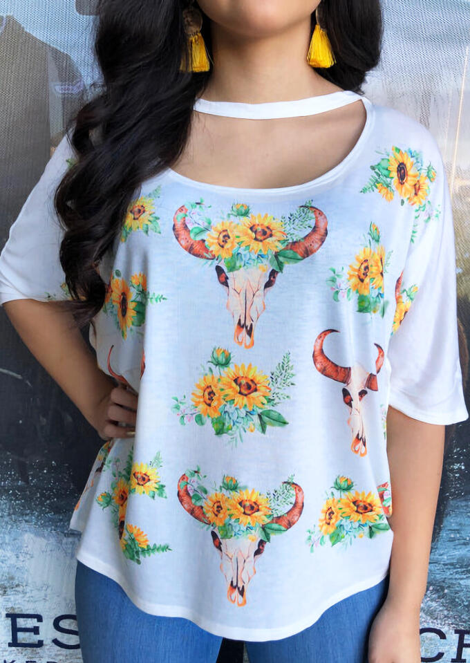 

Floral Bull Skull Hollow Out Blouse - White, 476492