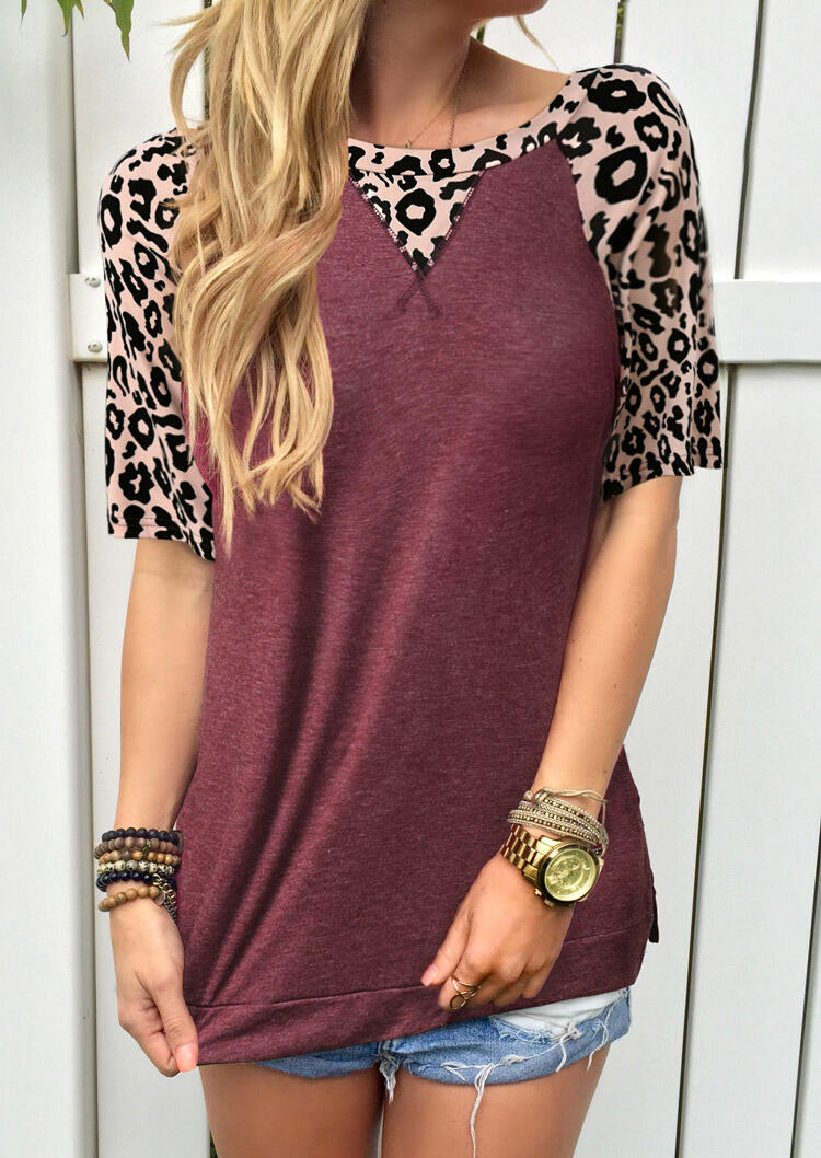 

Tees T-shirts Leopard Splicing O-Neck T-Shirt Tee without Necklace in Burgundy. Size: ,M,XL