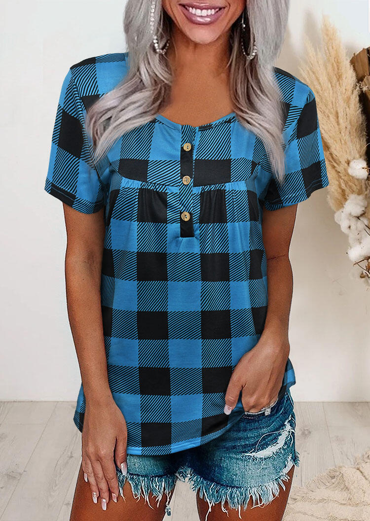 

Plaid Splicing Ruffled Button Blouse - Blue, 476449