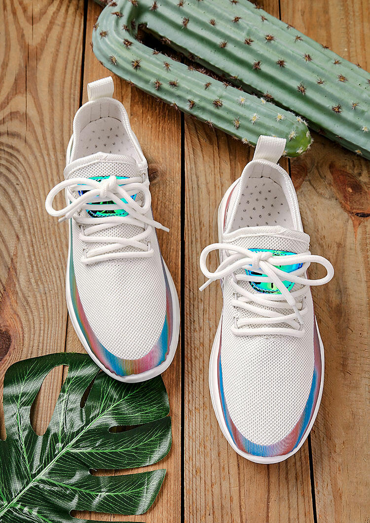 Sneakers Colorful Breathable Mesh Round Toe Lace Up Sneakers in White. Size: 37,38,39,40,41