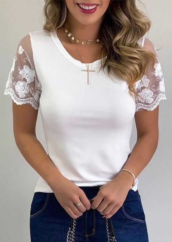 

Blouses Lace Splicing O-Neck Blouse without Necklace in White. Size