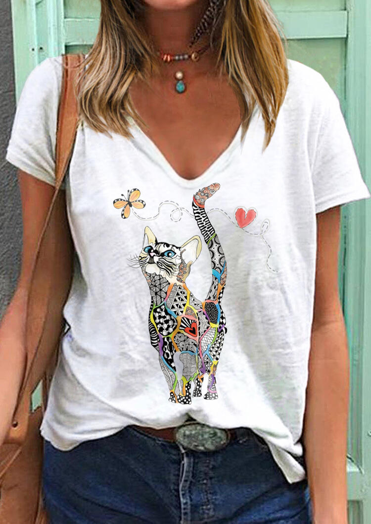 

Cat Butterfly Heart T-Shirt Tee without Necklace - White, 476557