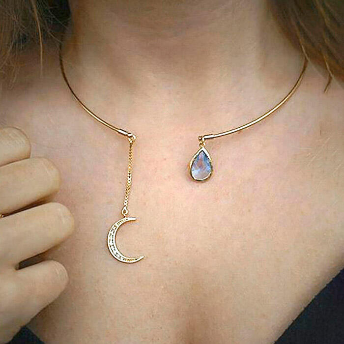 

Rhinestone Water Drop Moon Pendant Necklace, Gold, 476600