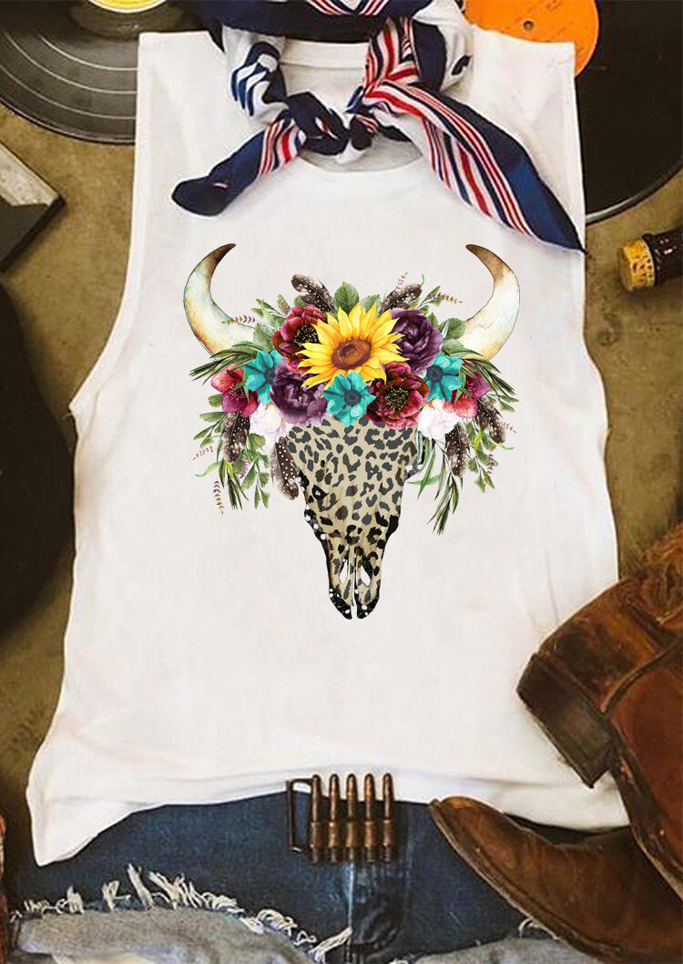 

Tank Tops Sunflower Leopard Steer Skull Tank without Silk Scarf in White. Size