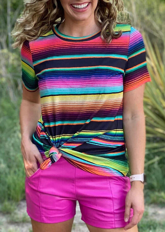 

Texico Colorful Serape Striped O-Neck T-Shirt Tee, Multicolor, 476559