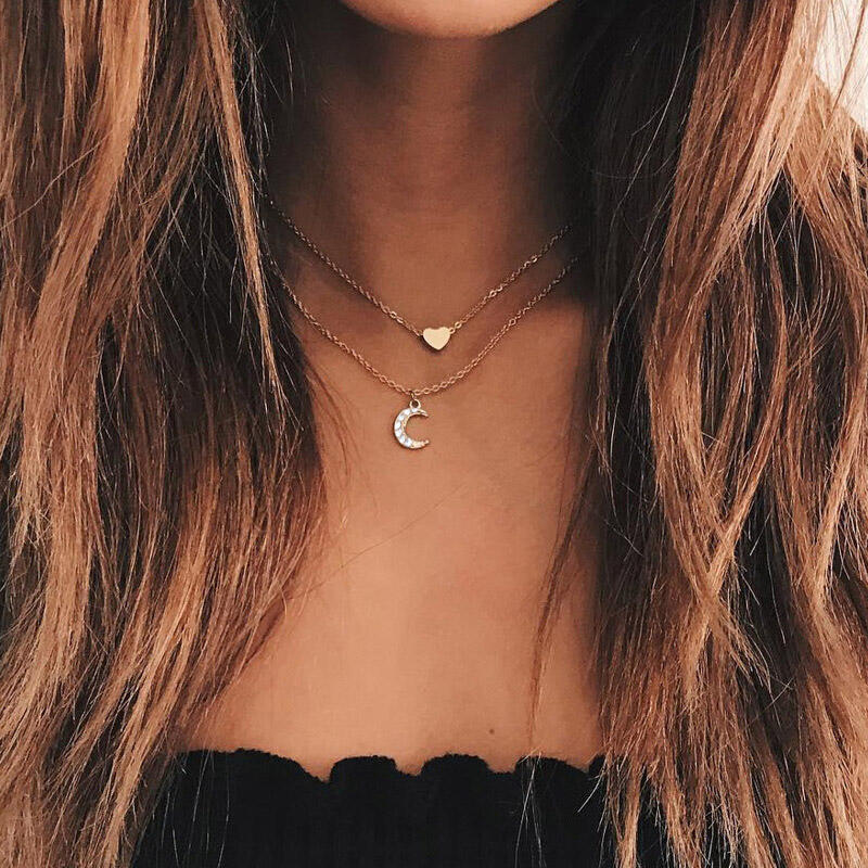 

Rhinestone Moon Heart Dual-Layered Necklace - Gold, 476598