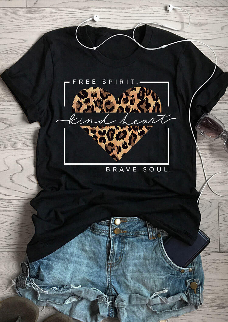 T-shirts Tees Free Spirit Kind Heart Brave Soul Leopard T-Shirt Tee in Black. Size: S